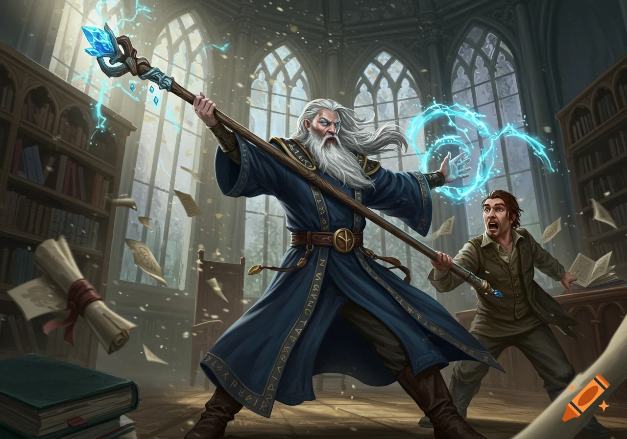 A powerful wizard with a glowing staff casts a spell in a library, as a man recoils in fear amidst flying papers. Detailed fantasy art style.