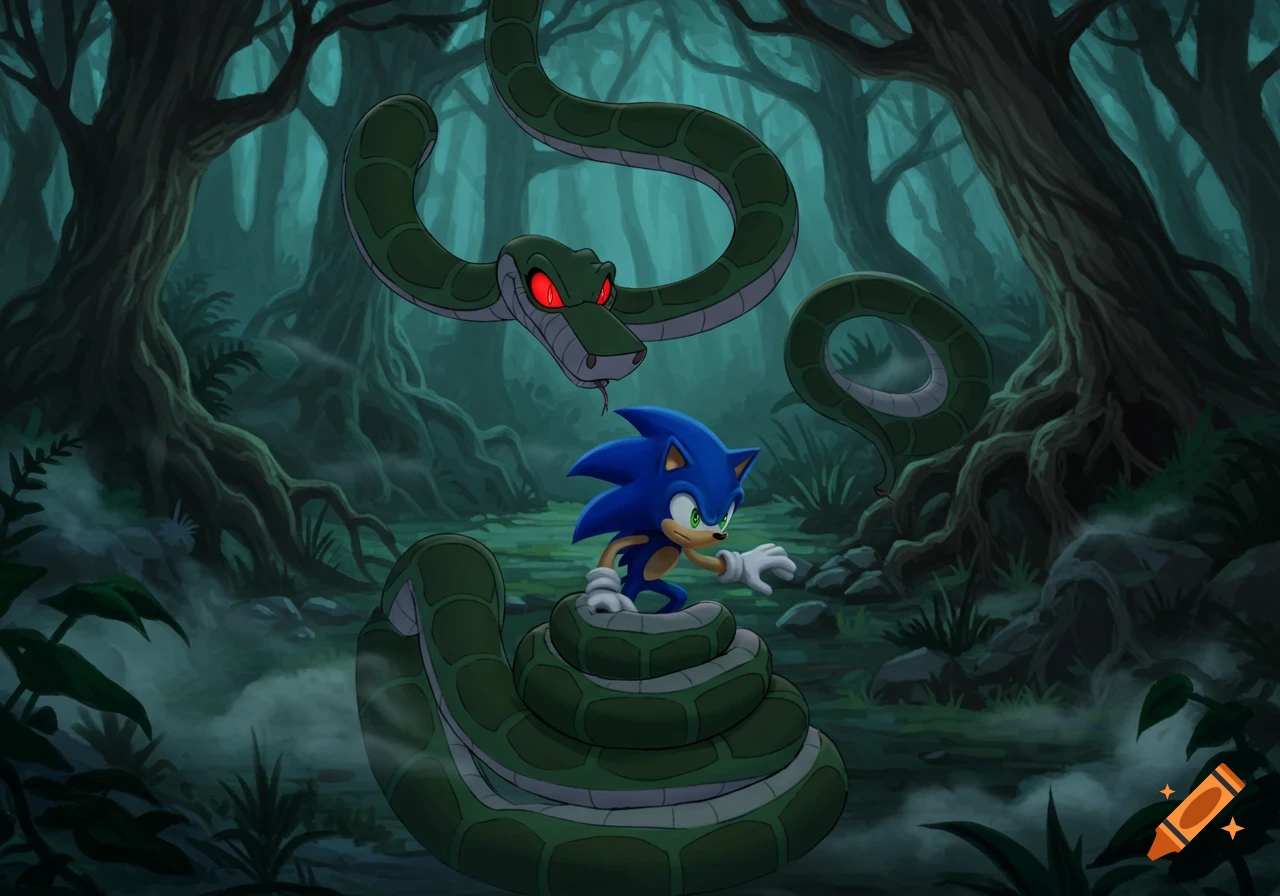 Sonic the Hedgehog is coiled by a large green python with glowing red eyes in a dark, misty forest, cartoon style.