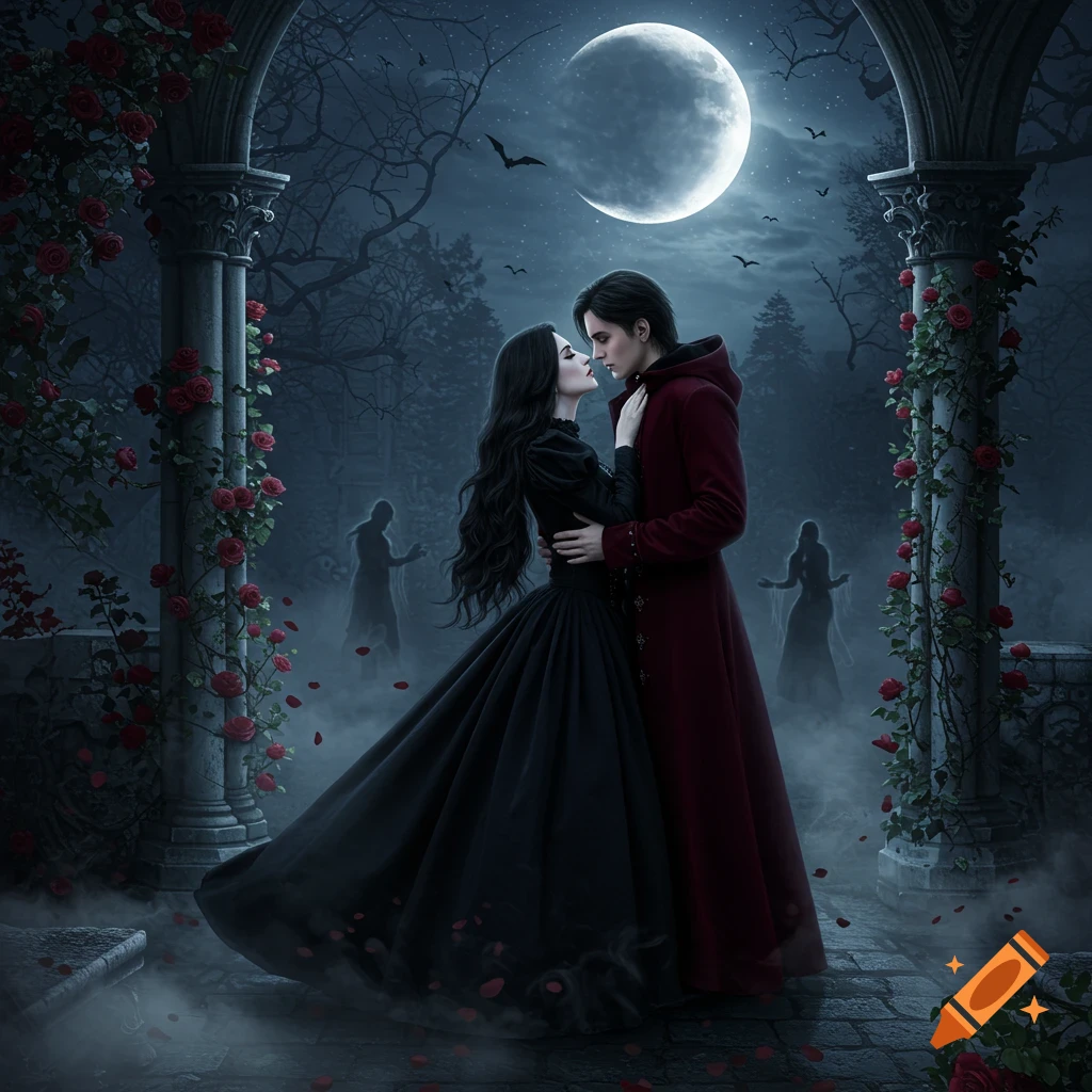 A dark-haired woman in a black gown embraces a man in a red coat under a full moon in a gothic rose garden, with shadowy figures in the misty background.