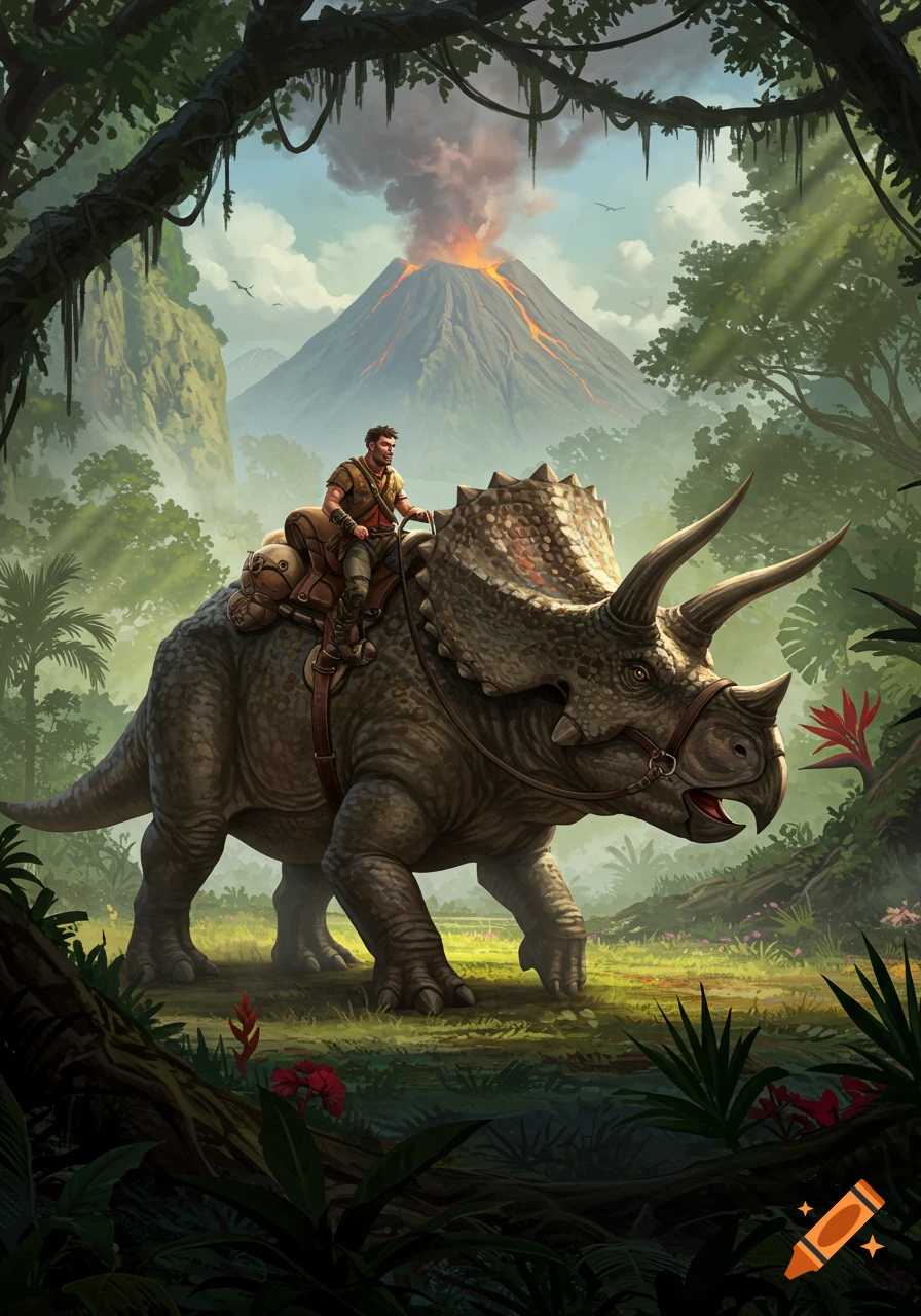 Digital painting of a man riding a triceratops in a lush jungle with a smoking volcano.