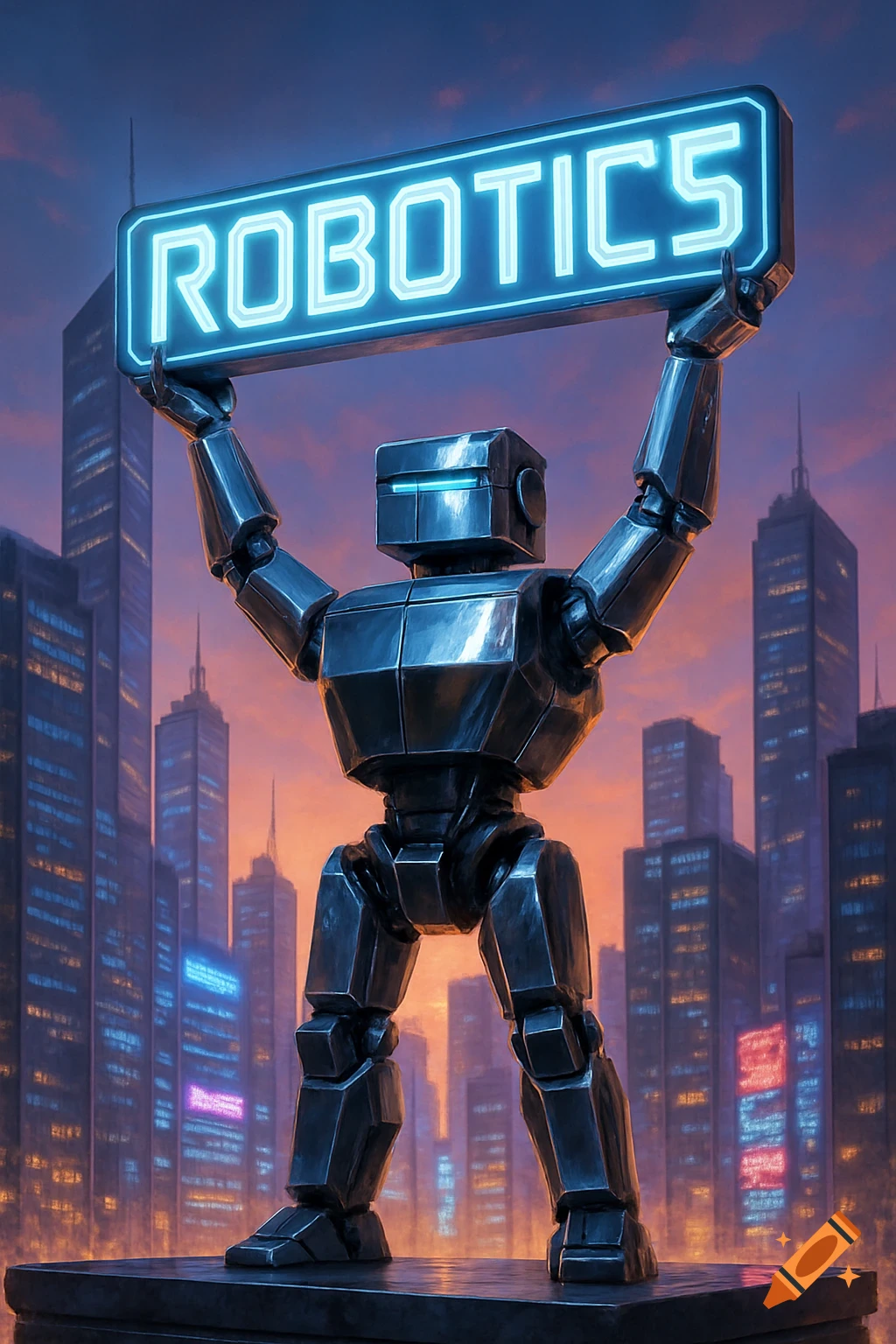 A large metallic robot stands in a futuristic city at sunset, holding a glowing neon sign reading "ROBOTICS" above its head.