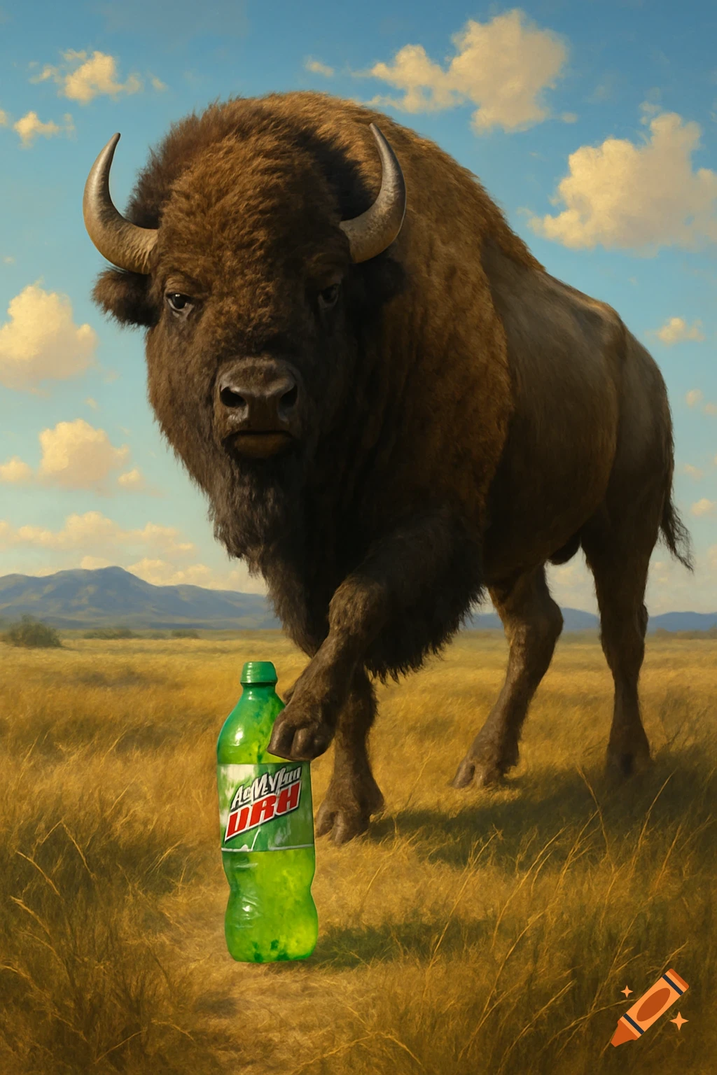 A photorealistic image of a large brown bison standing in a grassy field, with one hoof near a green soda bottle.