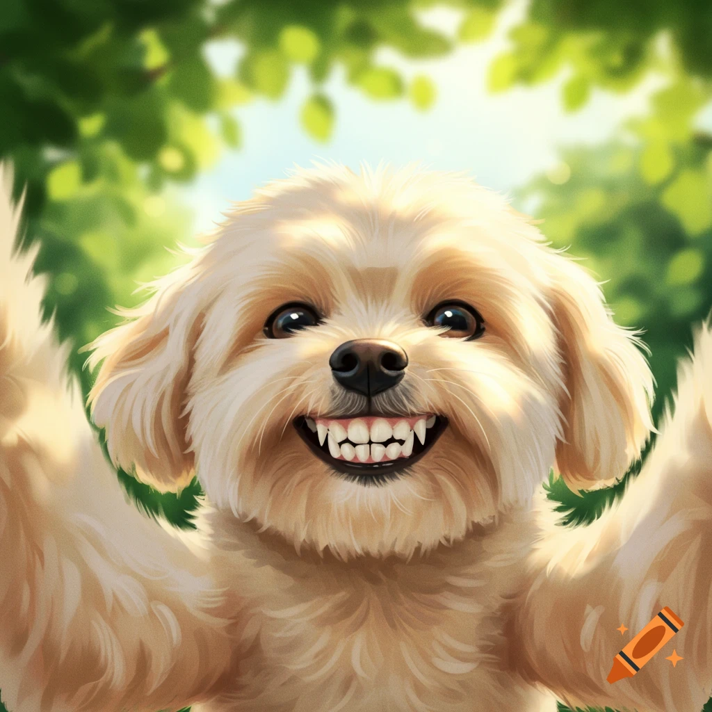 A fluffy beige dog with human teeth smiles widely in a selfie pose, with green foliage blurred in the background, in a digital art style.