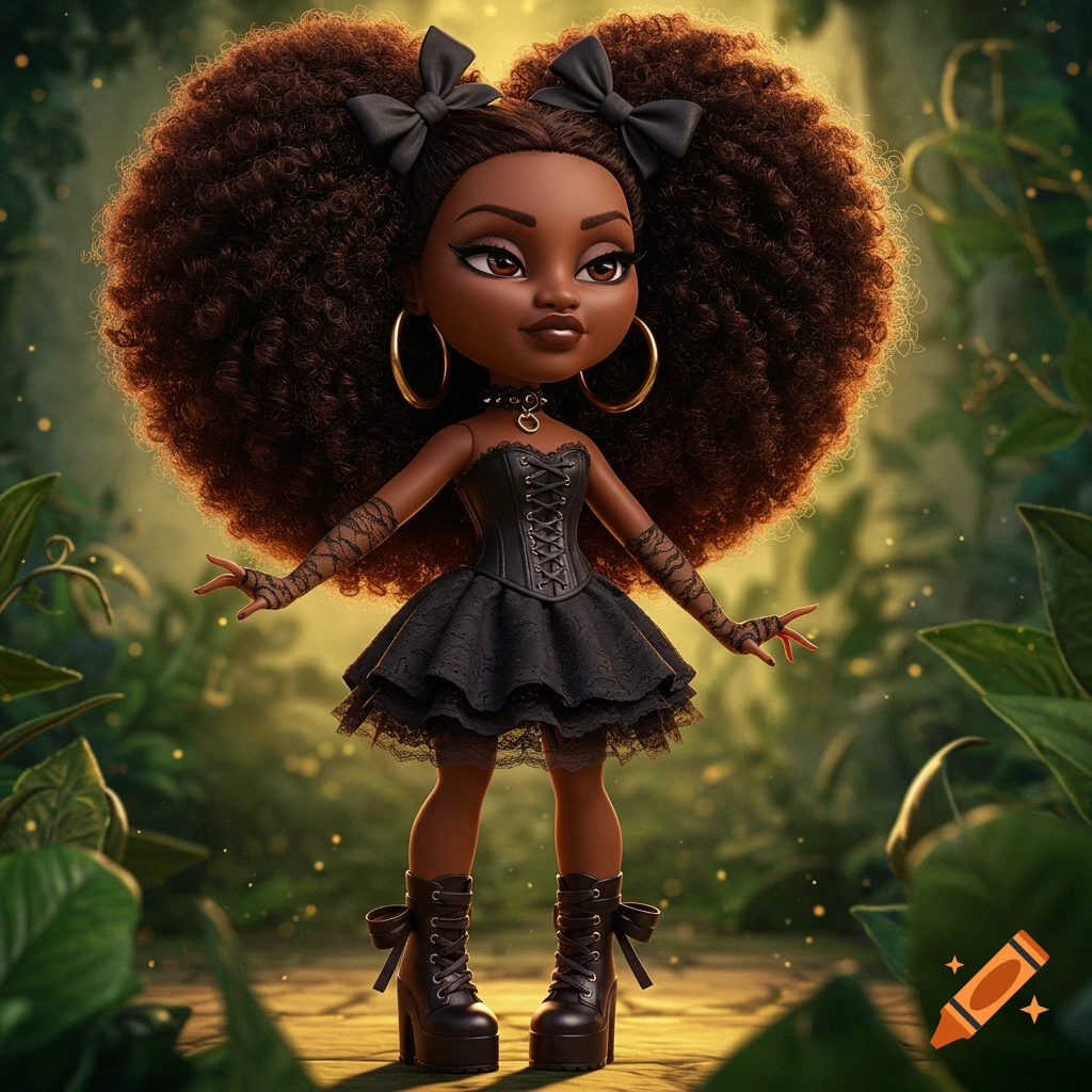 A stylized doll with dark skin, voluminous curly hair, a black gothic dress, corset, and platform boots, in an enchanted forest.