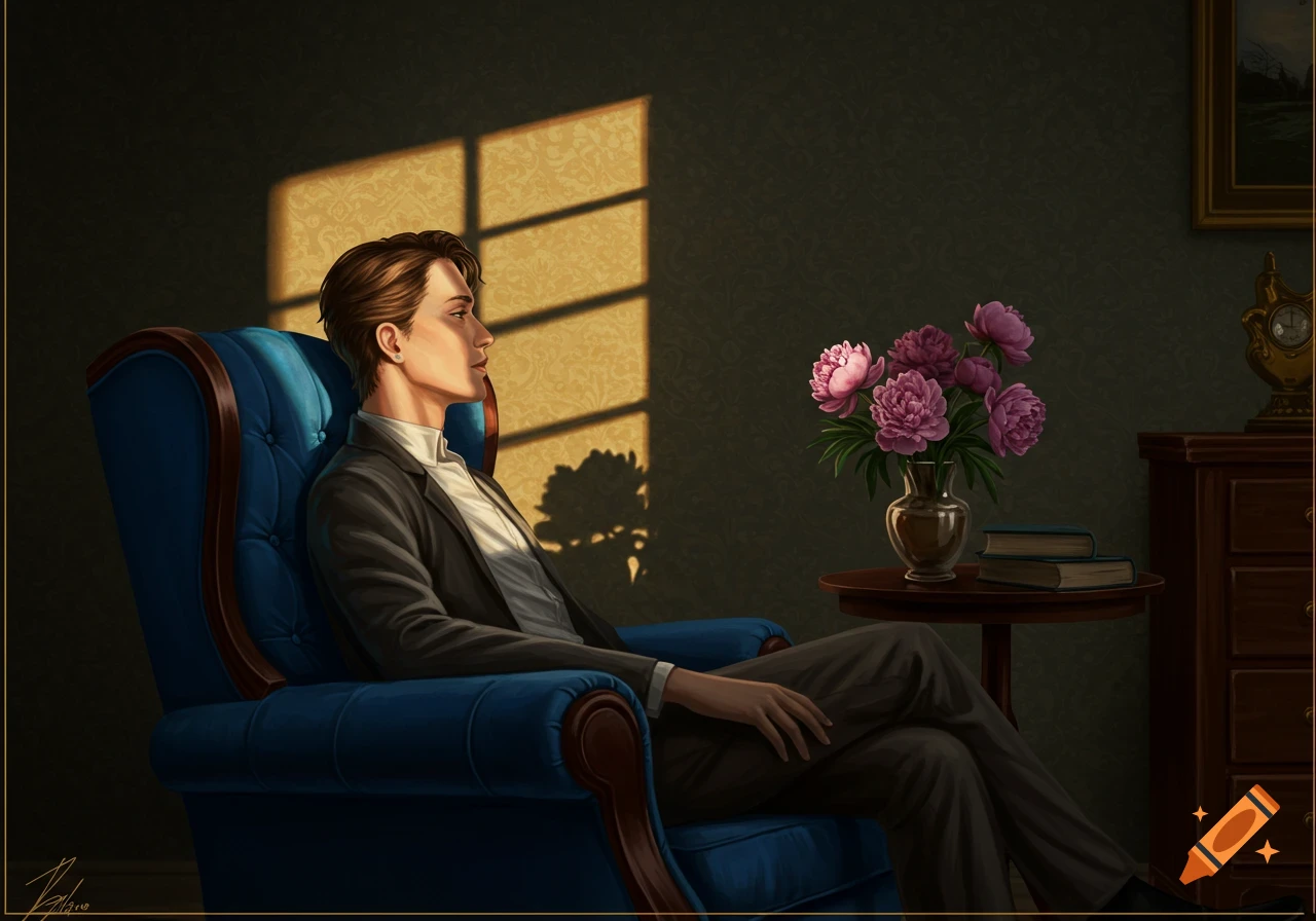 Digital painting of a man in a suit sitting in a blue armchair, lit by sunlight from a window, with peonies on a table.