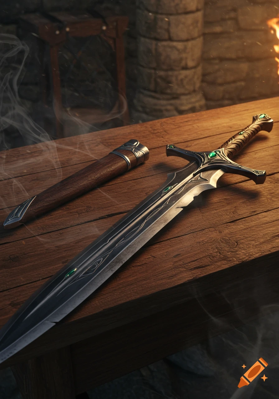 An ornate dark longsword with green gems and a wooden scabbard rests on a rustic wooden table in a dimly lit room.