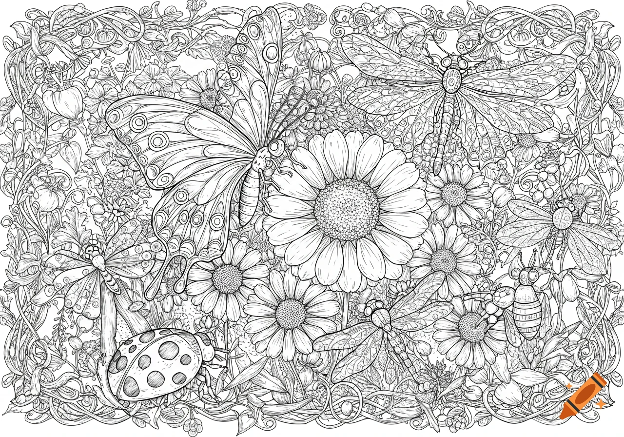 Detailed black and white line art coloring page featuring a butterfly, dragonflies, a ladybug, and bees amidst flowers and foliage.