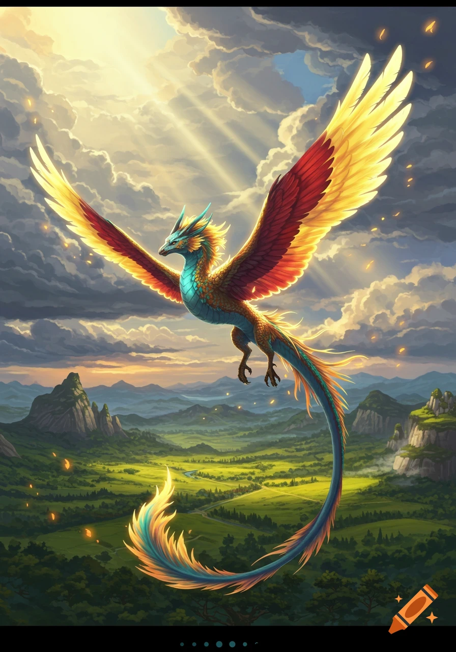 A vibrant winged dragon soars over a green valley and mountains, bathed in sun rays from a dramatic sky, fantasy art.