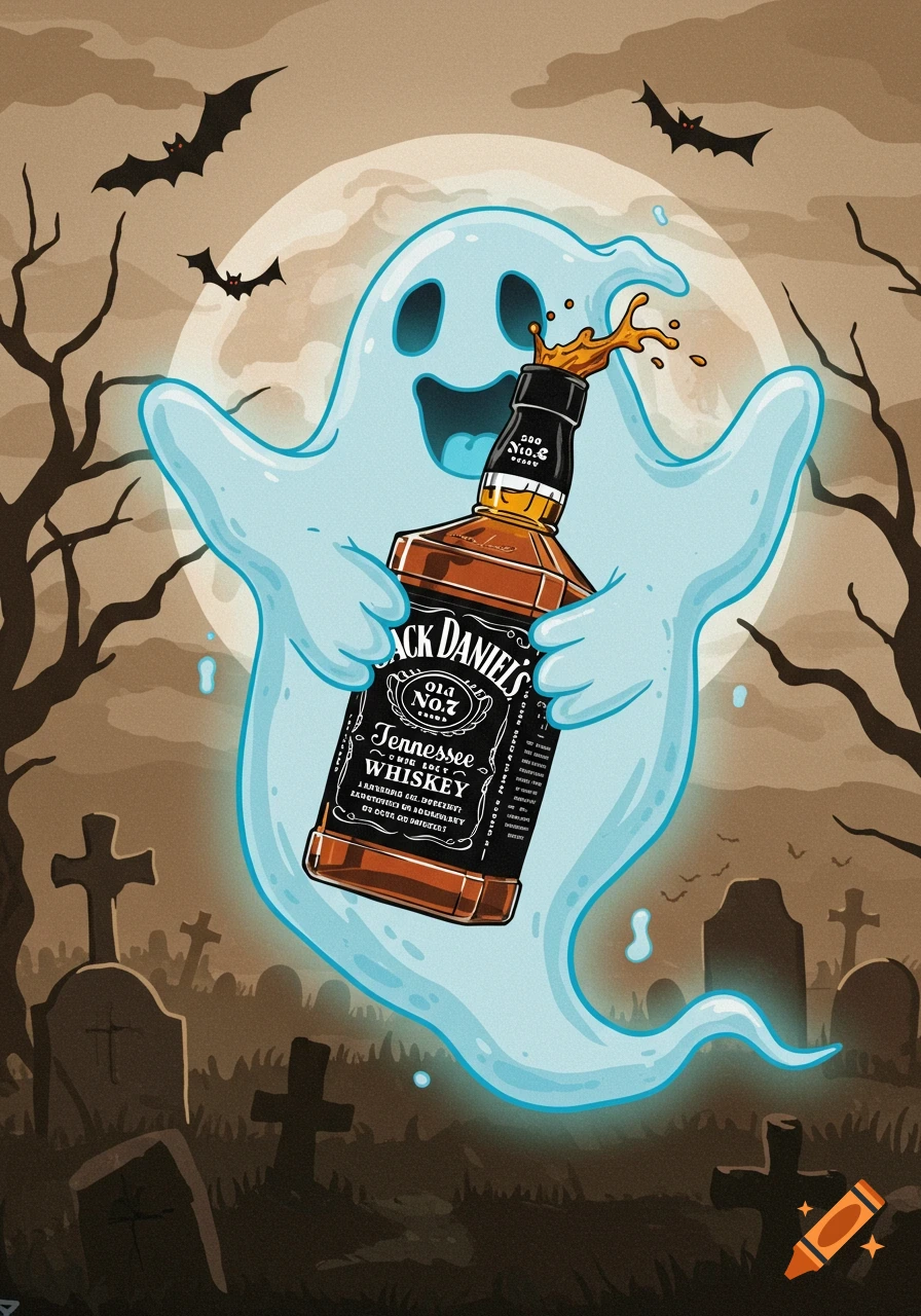 A cartoon ghost gleefully holds an open Jack Daniel's whiskey bottle in a spooky graveyard with bats and a full moon.