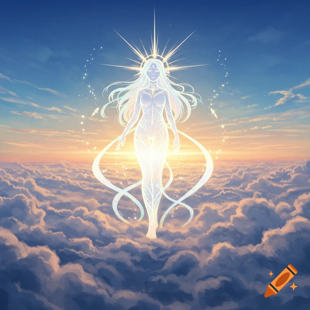 An anime goddess made of glowing light stands above the clouds at sunset, with a sunburst halo.