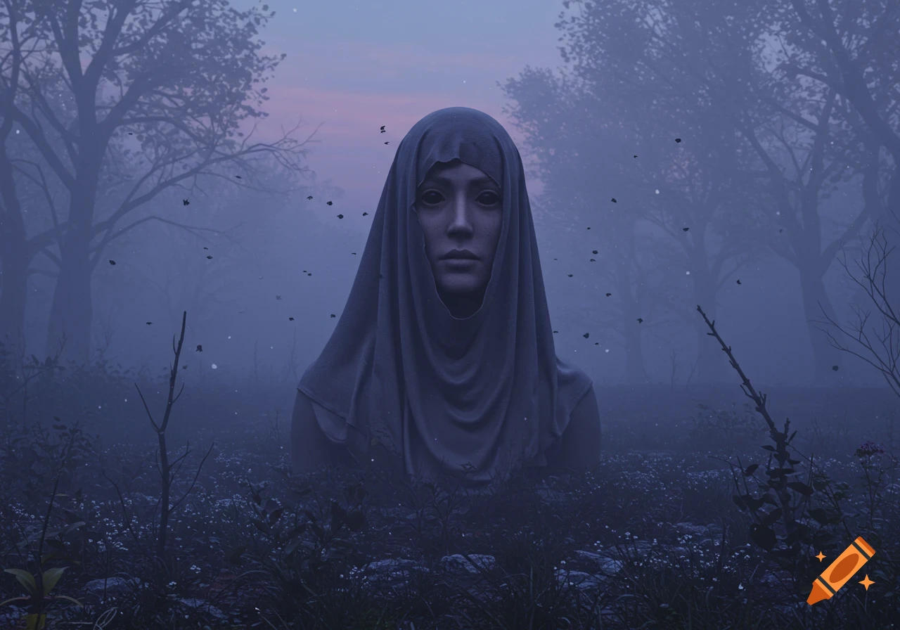 A ghostly, veiled figure with dark eyes emerging from a misty, dark forest at twilight.