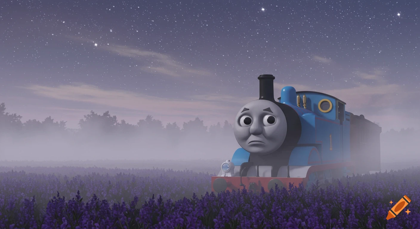 Thomas the Tank Engine with a soft frown, in a foggy purple flower field at night under a starry sky, in lofi anime style.