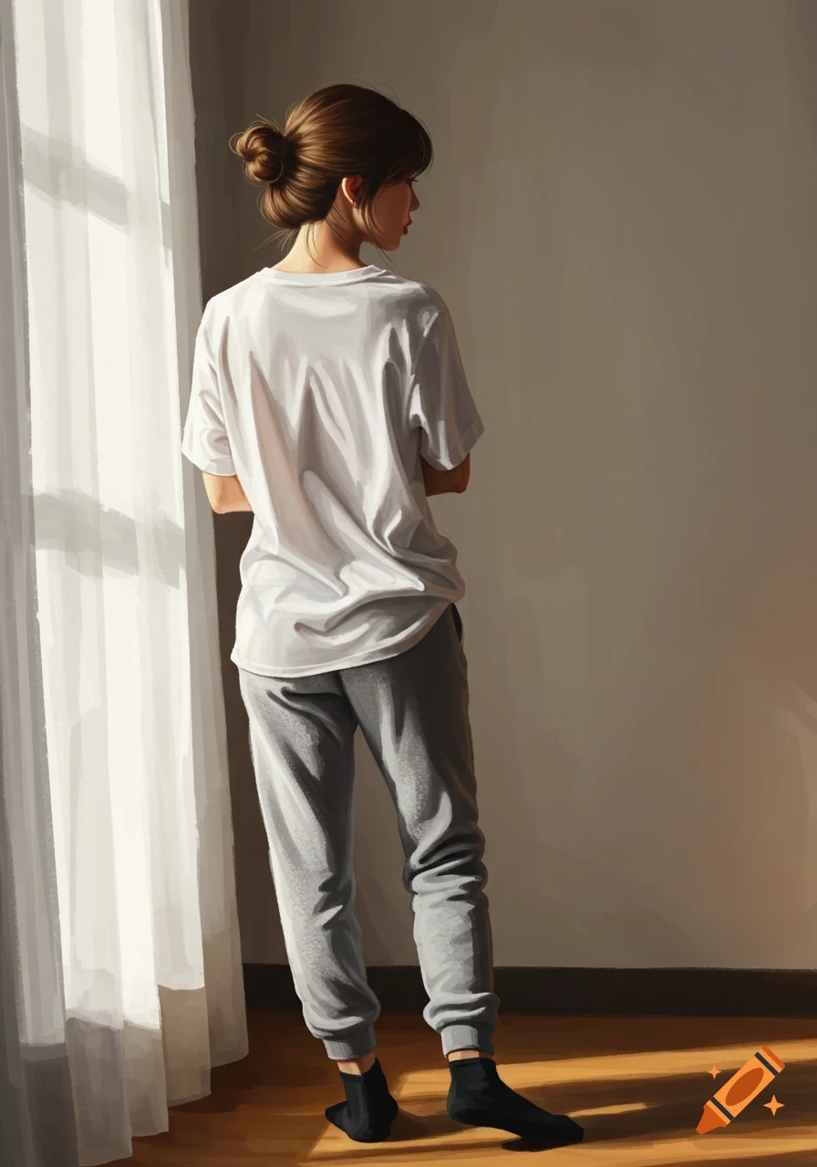 Digital painting of a young Asian woman seen from behind, standing by a window in a white t-shirt and gray sweatpants.