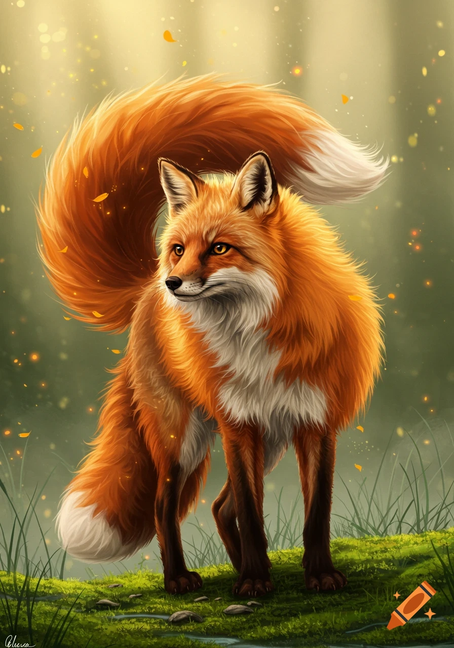 A vibrant orange fox with a bushy tail and white markings stands in a lush green, glowing forest.