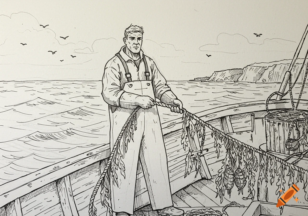 A line drawing of a fisherman in overalls on a boat, pulling in a rope covered in seaweed with a cliff in the background.