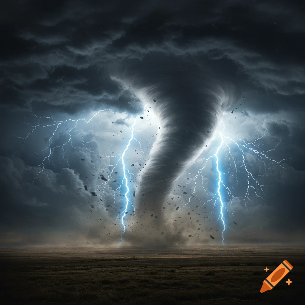 A powerful tornado rips through a desolate field under a dark, stormy sky with bright lightning bolts.