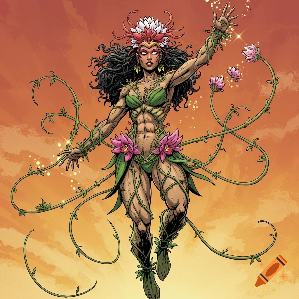 Muscular female superhero in a vine and lotus flower costume, with dark hair and a floral headdress, floating against an orange sky. Comic book style.