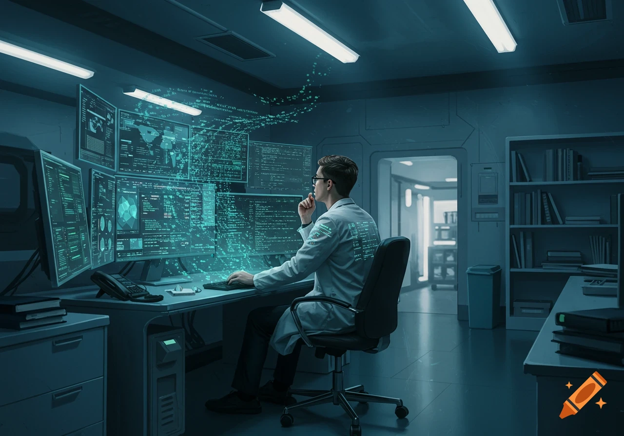 A man in a lab coat works at a multi-monitor computer setup in a dark, high-tech control room with glowing blue data.