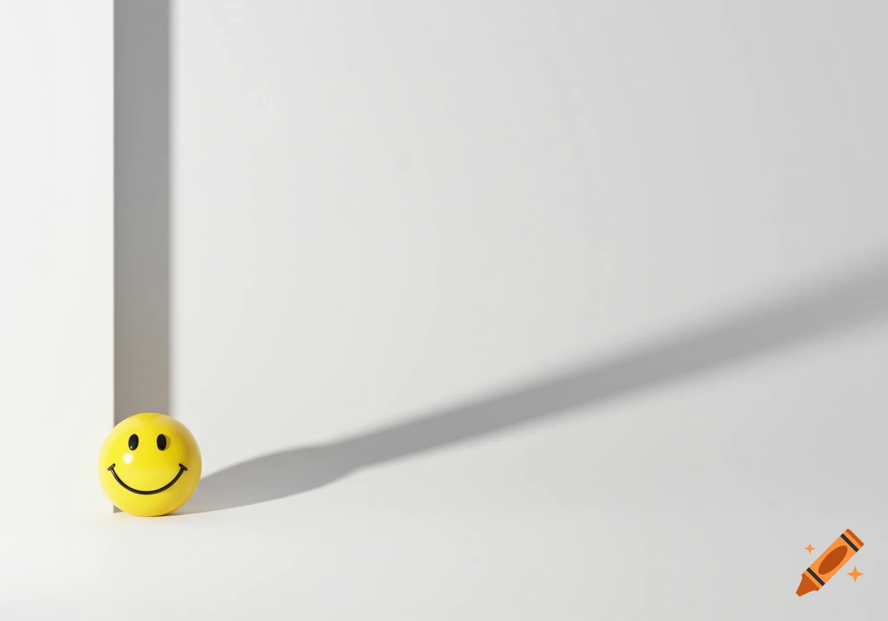 A yellow smiley face in the bottom left corner on a white background, casting a long shadow.