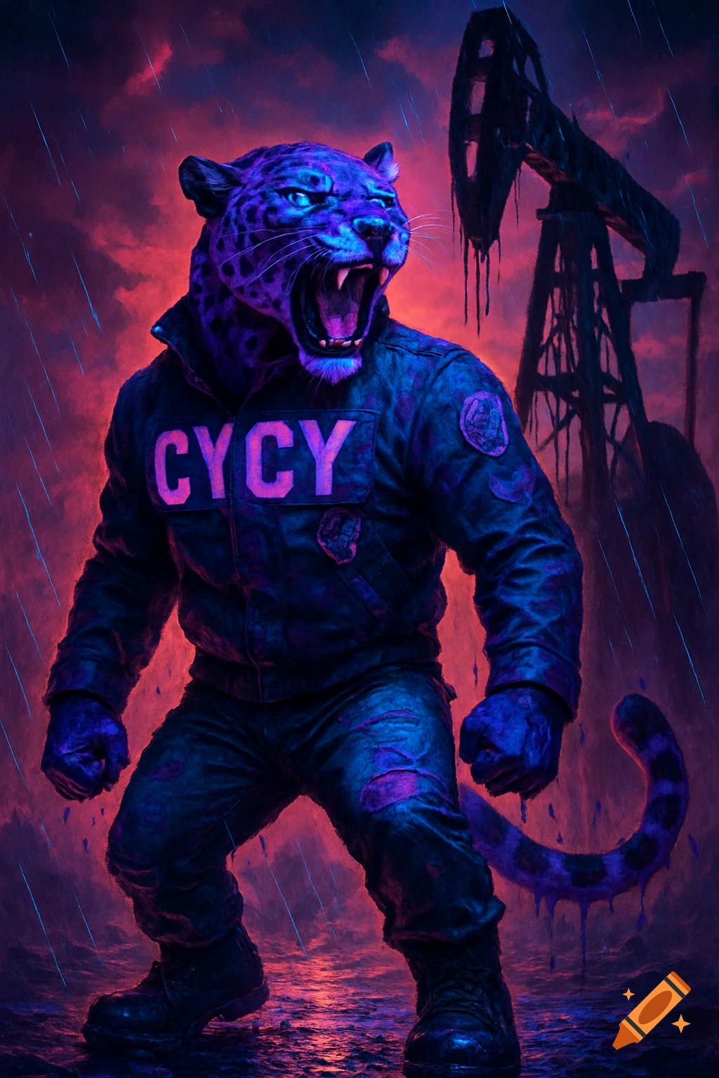 Neon purple and blue jaguar warrior roaring in a combat jacket with 'CYCY' and tattered jeans, an oil rig in a rainy cyberpunk background.