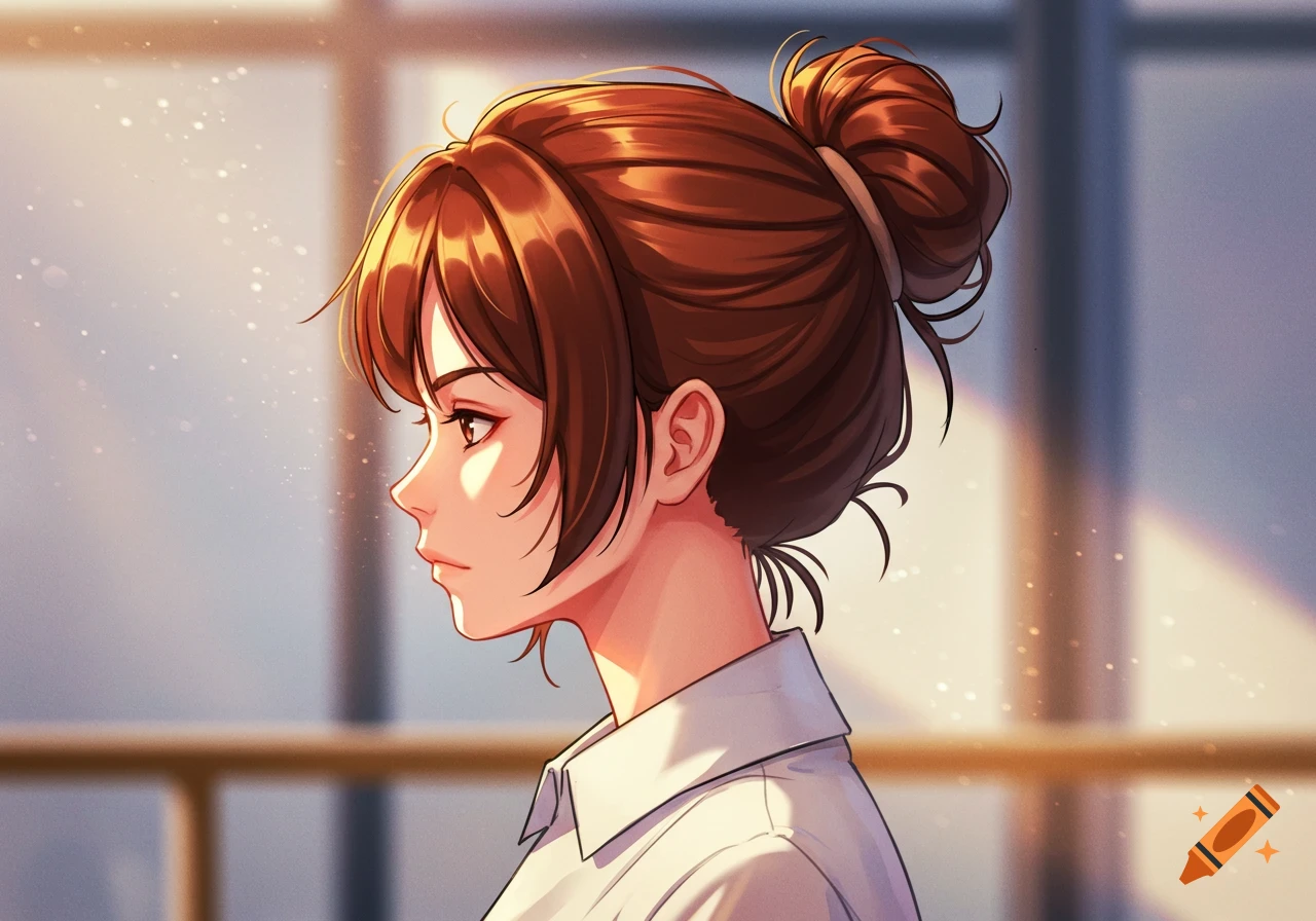 Anime-style side profile of a brown-haired girl with a bun, wearing a white shirt, bathed in warm sunlight.