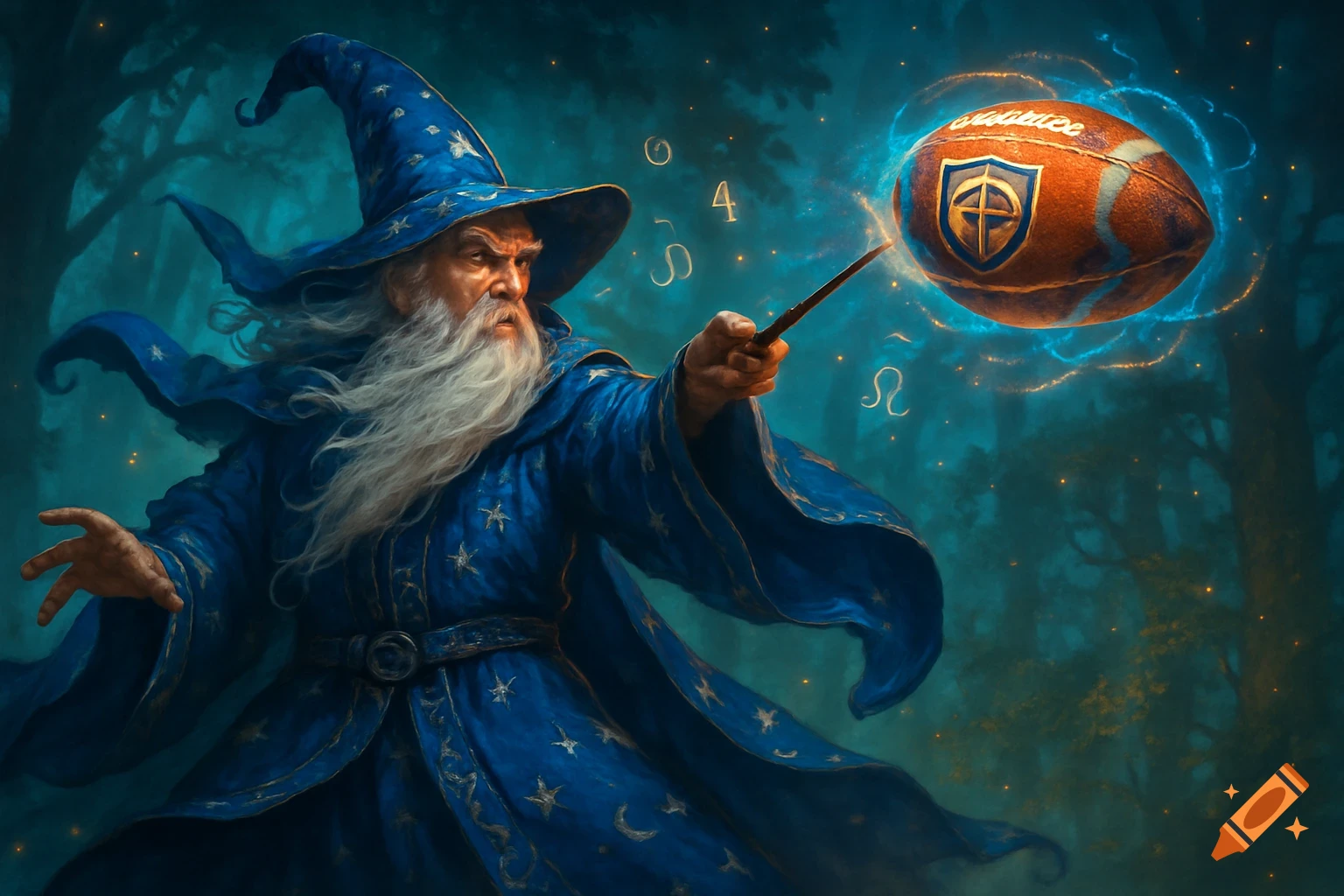 A wise wizard in a blue robe and hat casts a spell on a floating American football, surrounded by glowing magical energy in a dark forest.