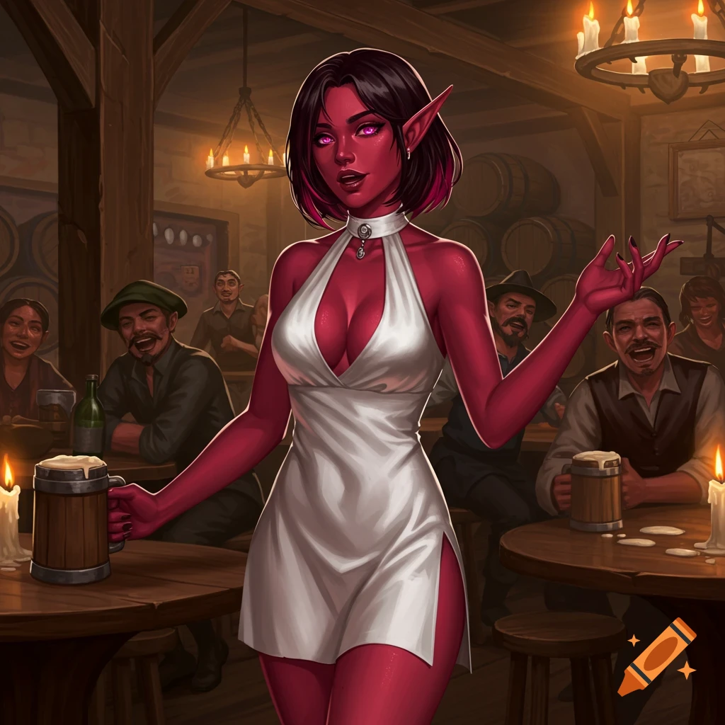 A red-skinned female elf in a white dress stands in a rustic tavern, holding a beer mug and gesturing, in a digital painting.