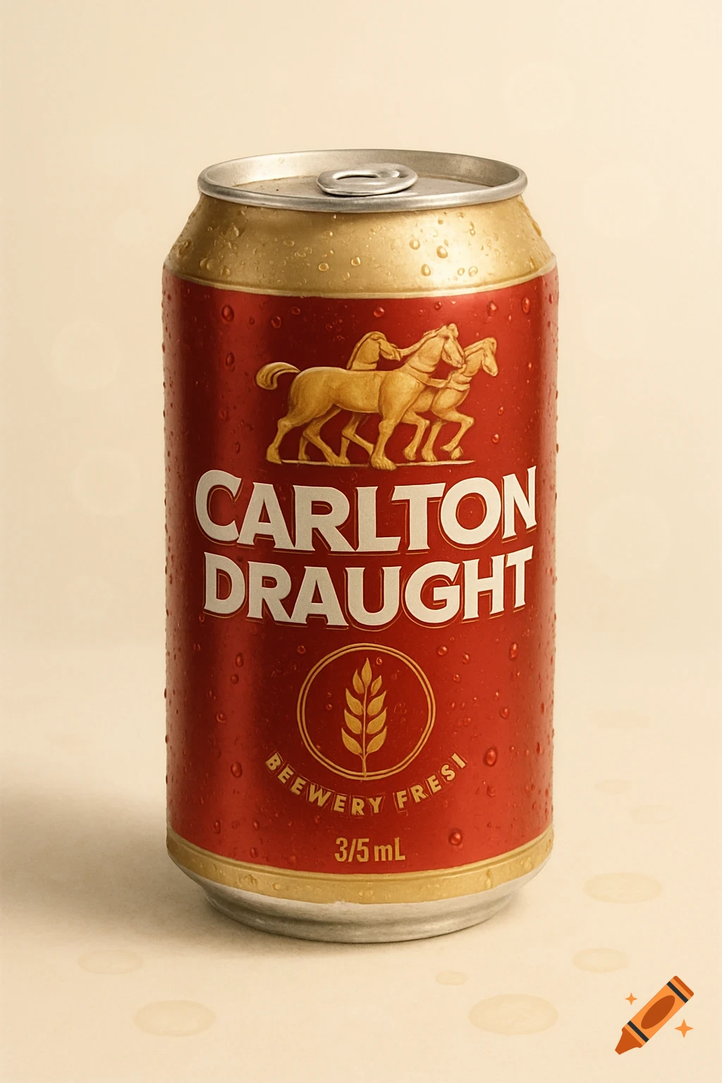 A photorealistic image of a wet, red and gold Carlton Draught beer can with two horses on the label.