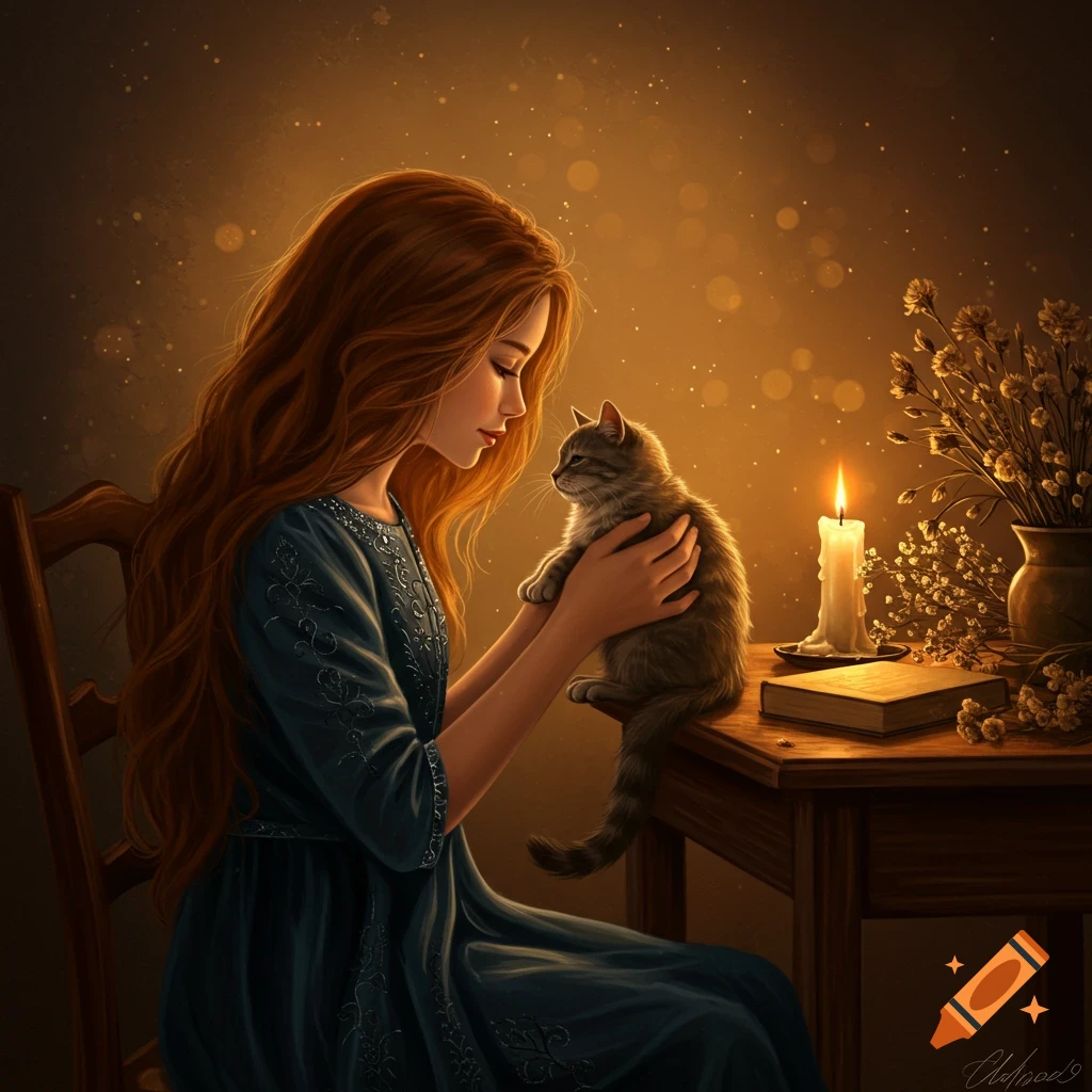 A girl with long reddish-brown hair gently holds a tabby cat, illuminated by candlelight on a wooden table.