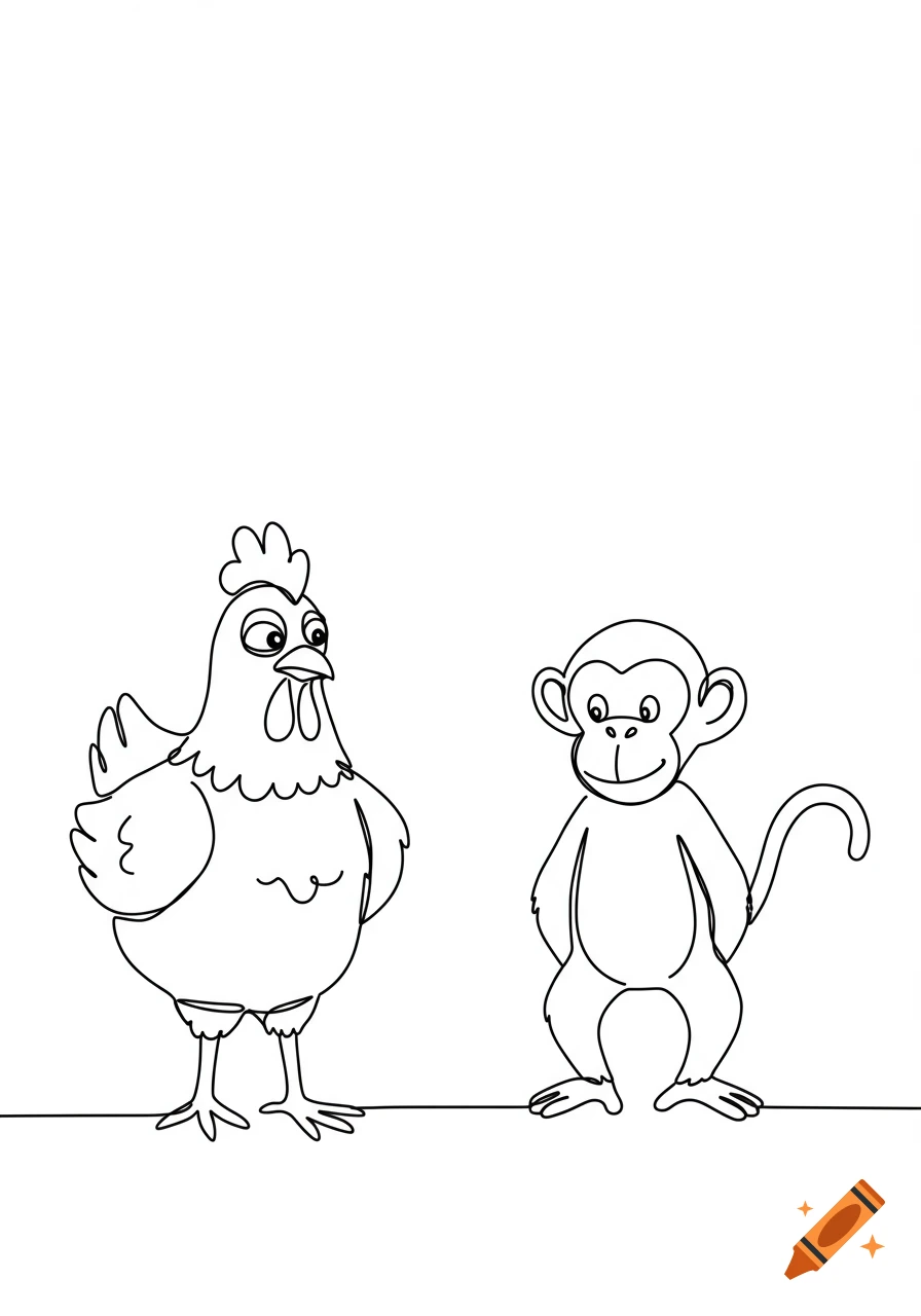A continuous line drawing of a cartoon chicken facing a monkey on a white background.