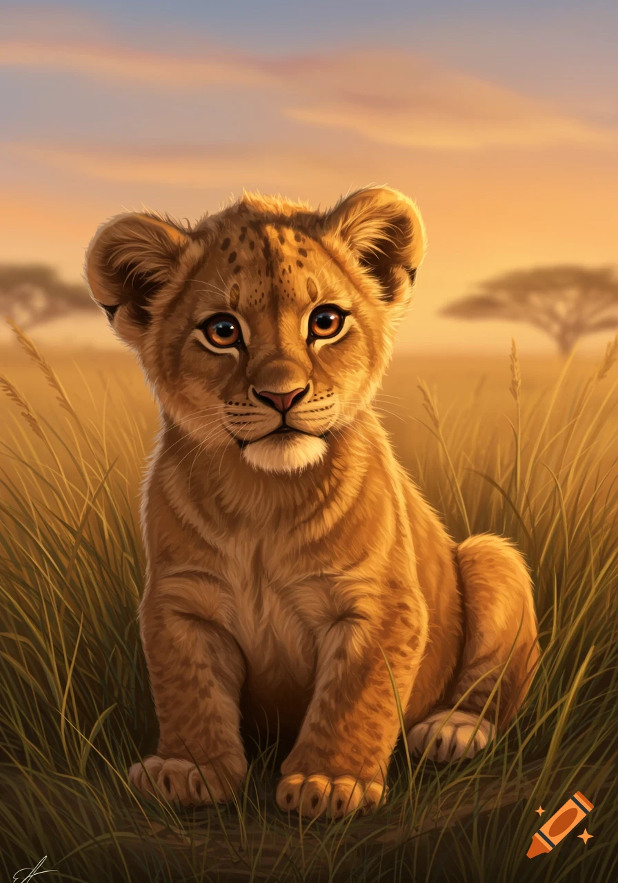 A cute baby lion cub sits in tall golden grass in a savanna under a warm sunset sky, digital painting.