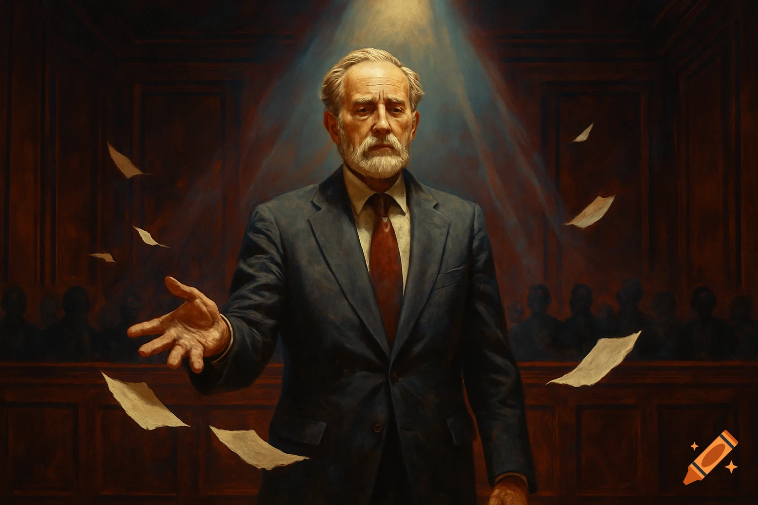 Painterly portrait of a serious older man in a suit, standing under a spotlight in a dimly lit courtroom with papers floating around him.