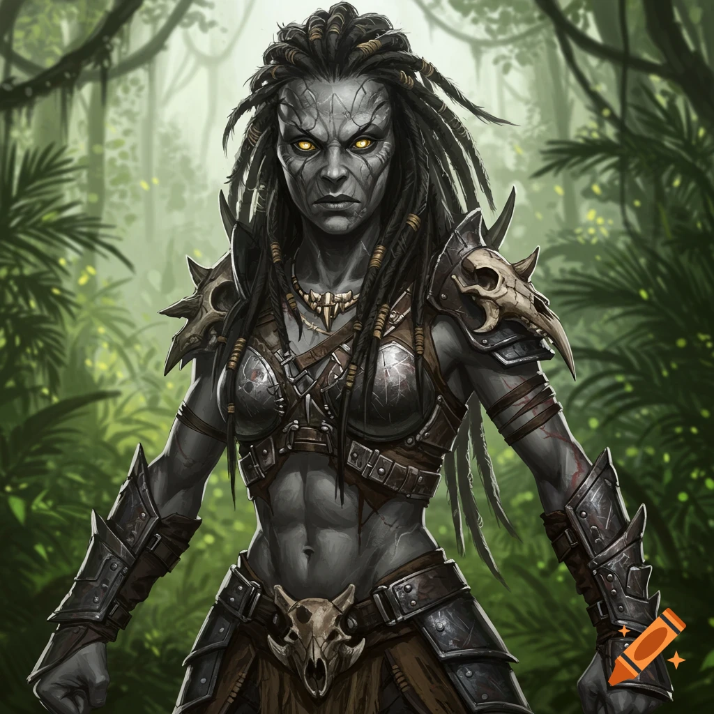 A fierce, grey-skinned fantasy huntress with glowing yellow eyes, dreadlocks, and tribal bone armor, standing in a lush jungle.