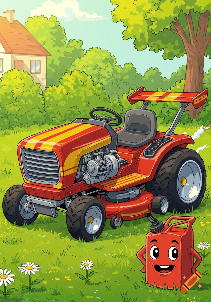 A cute red cartoon riding mower with a spoiler, next to a smiling red gas can, in a green yard with daisies and a house.