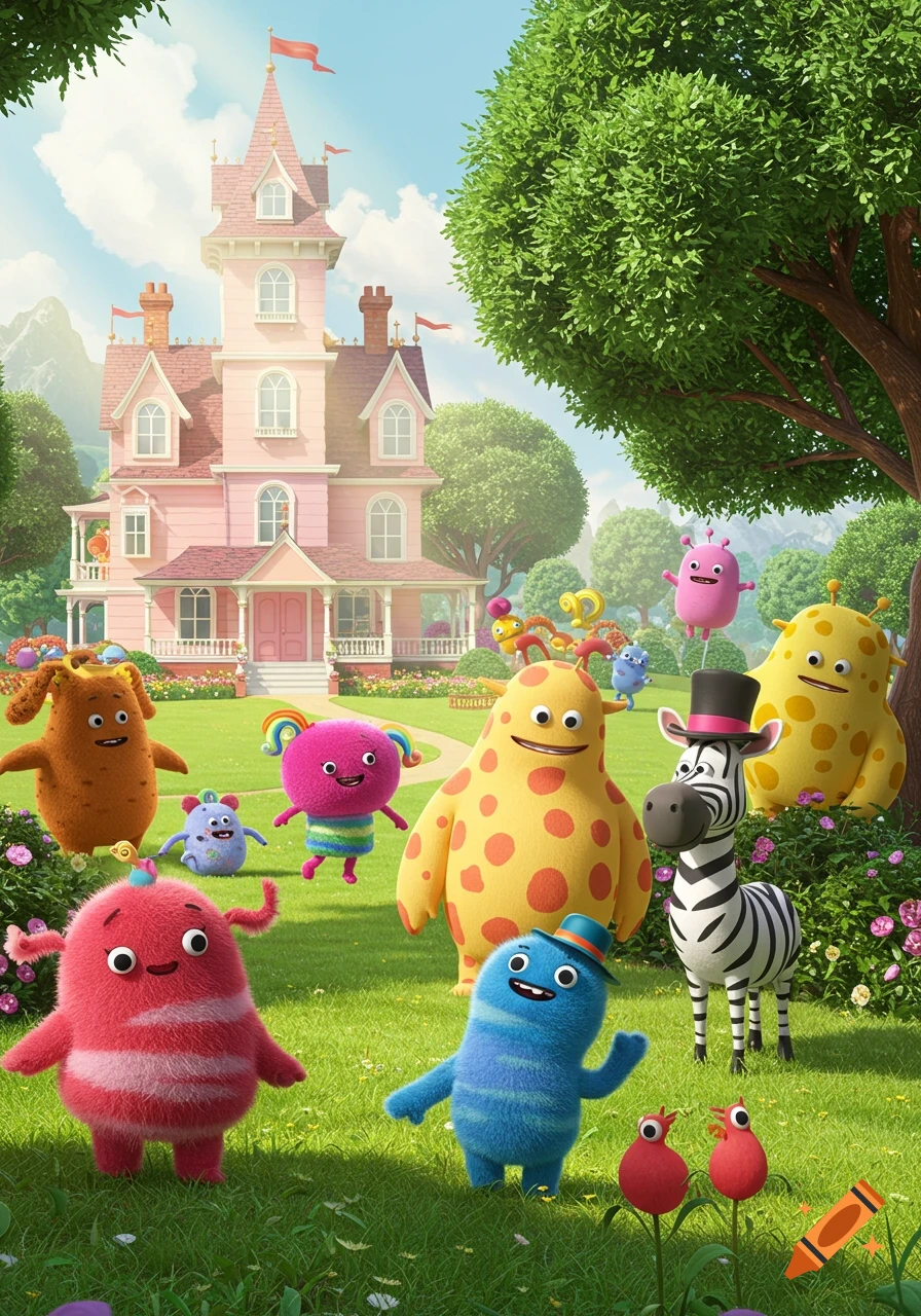 A whimsical cartoon illustration shows a group of colorful, fuzzy creatures and a zebra in a vibrant green garden in front of a pink mansion.