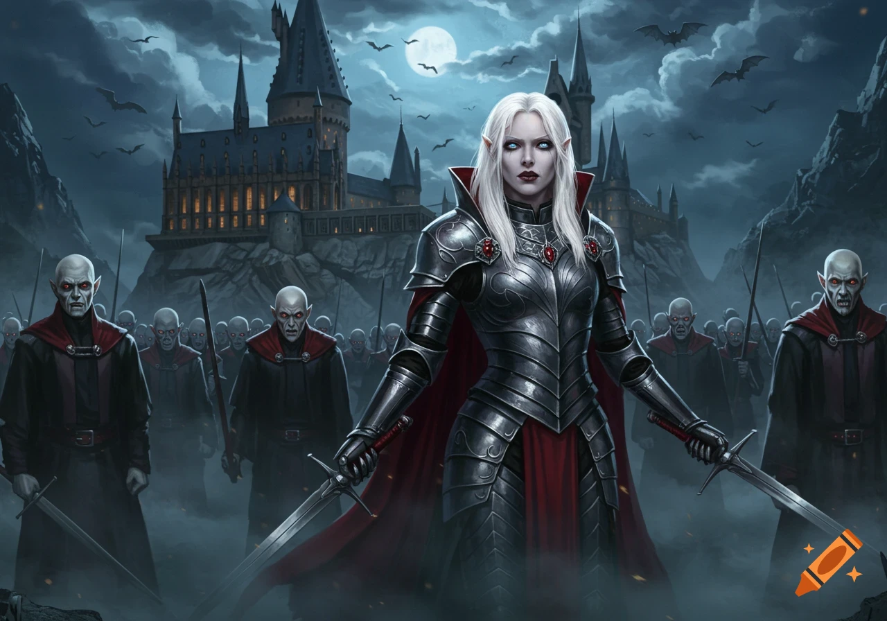 A white-haired vampire queen in ornate armor holds two swords, standing before an army of vampires and a dark, gothic castle under a full moon.
