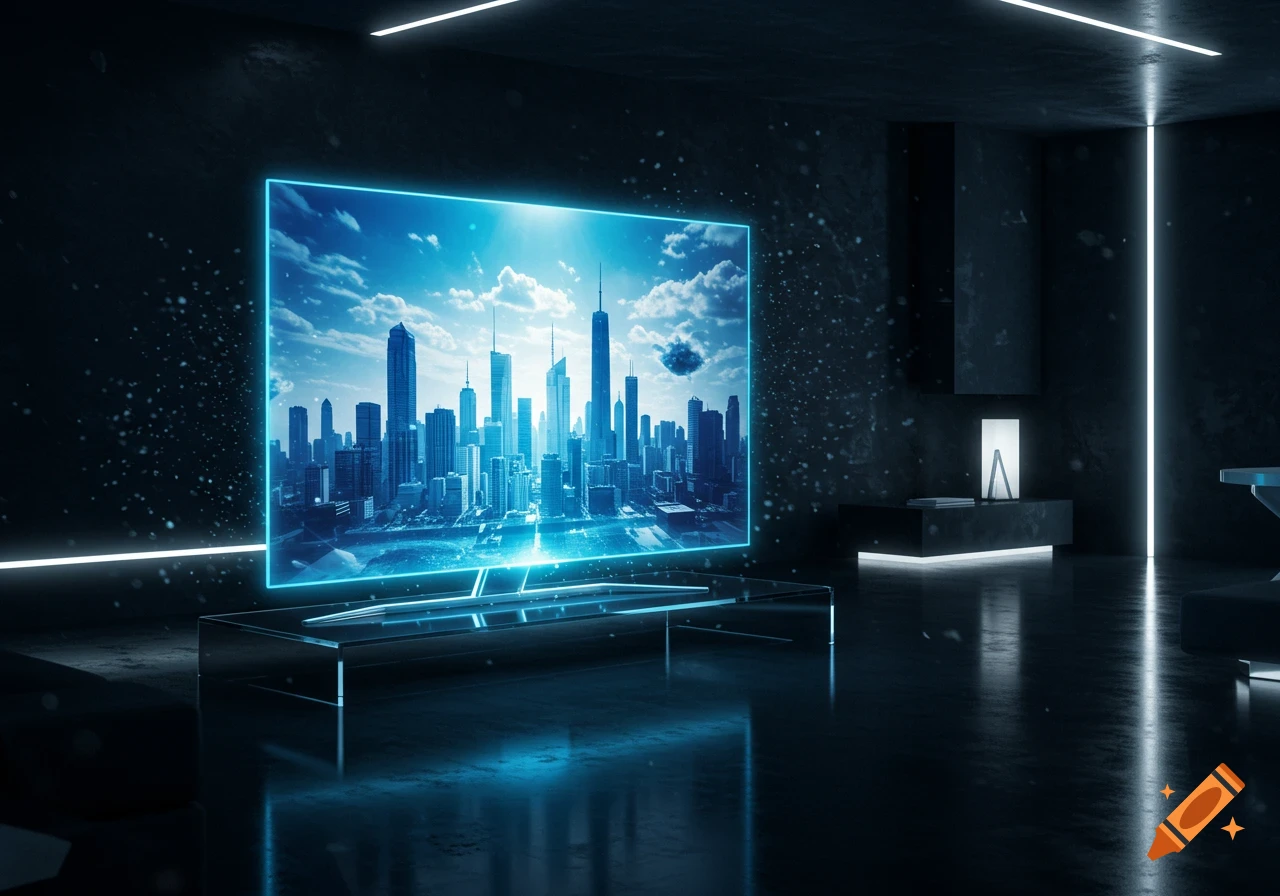 A futuristic holographic TV in a dark, minimalist room displays a glowing blue cityscape.