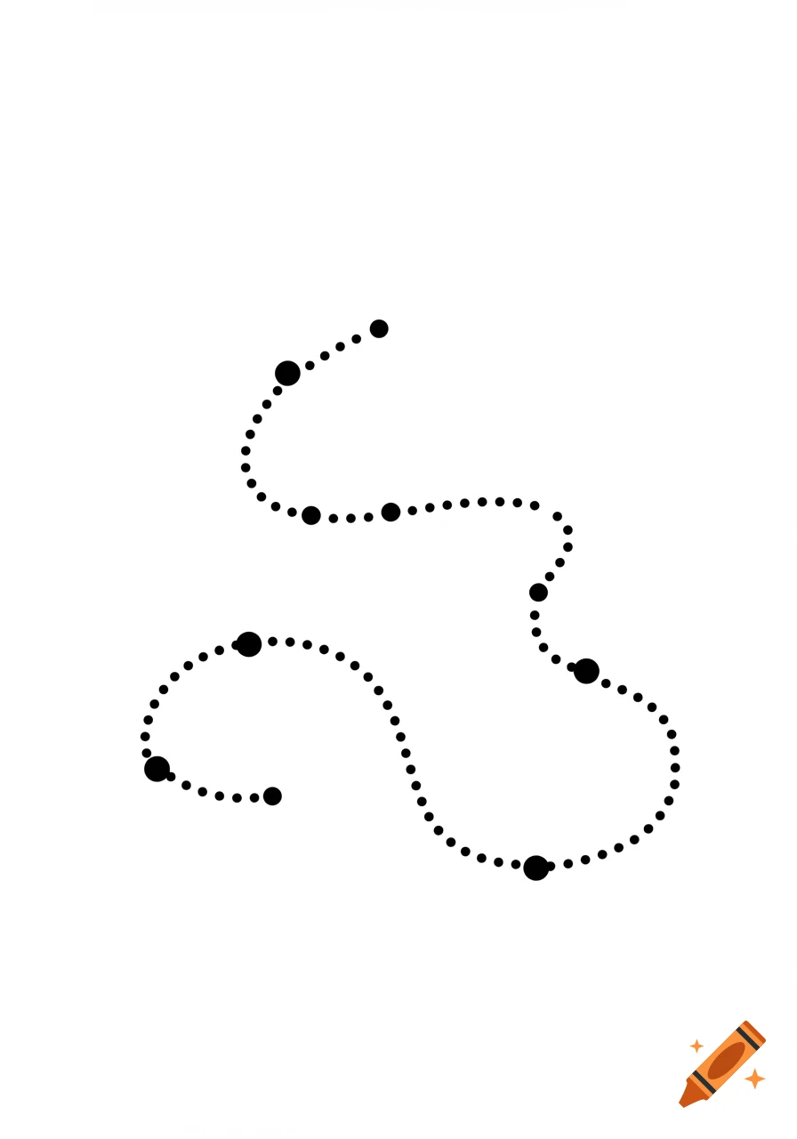 A black winding dotted line with several larger dots on a plain white background.