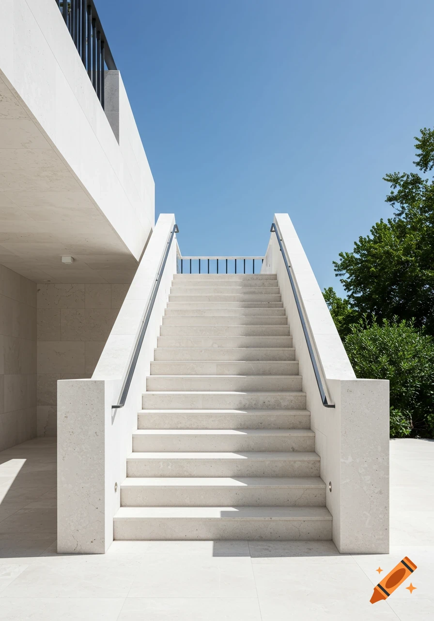 A bright, modern white stone outdoor staircase with black railings ascends towards a building, under a clear blue sky with green trees.