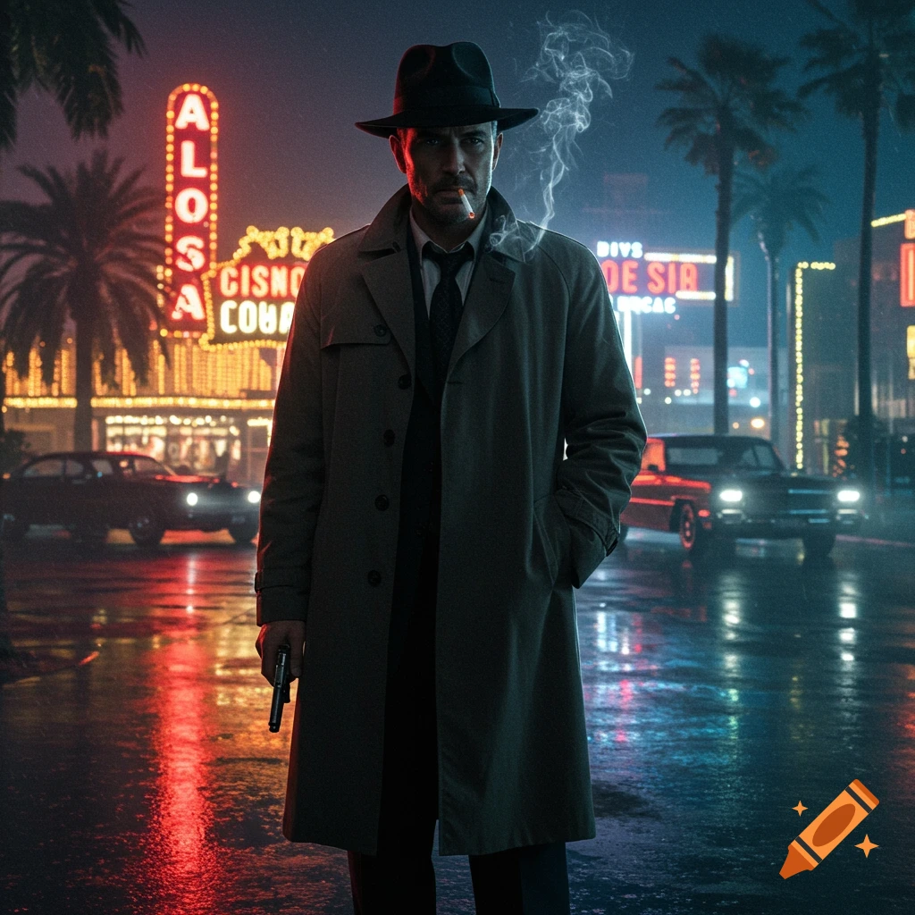 A man in a trench coat and fedora, smoking a cigarette and holding a gun, stands on a rainy street at night with neon signs and palm trees in the background.