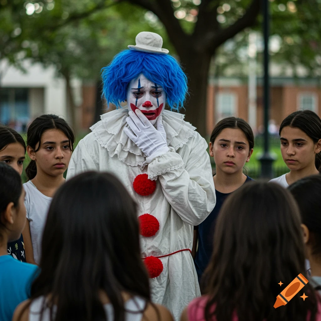 A sad clown with blue hair, white makeup, and a white ruffled costume with red pom-poms, crying while surrounded by children in a park.