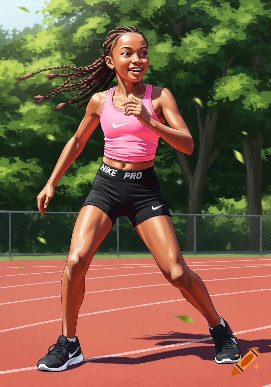 An illustration of a young Black girl in a pink sports top and black shorts on a running track, smiling.