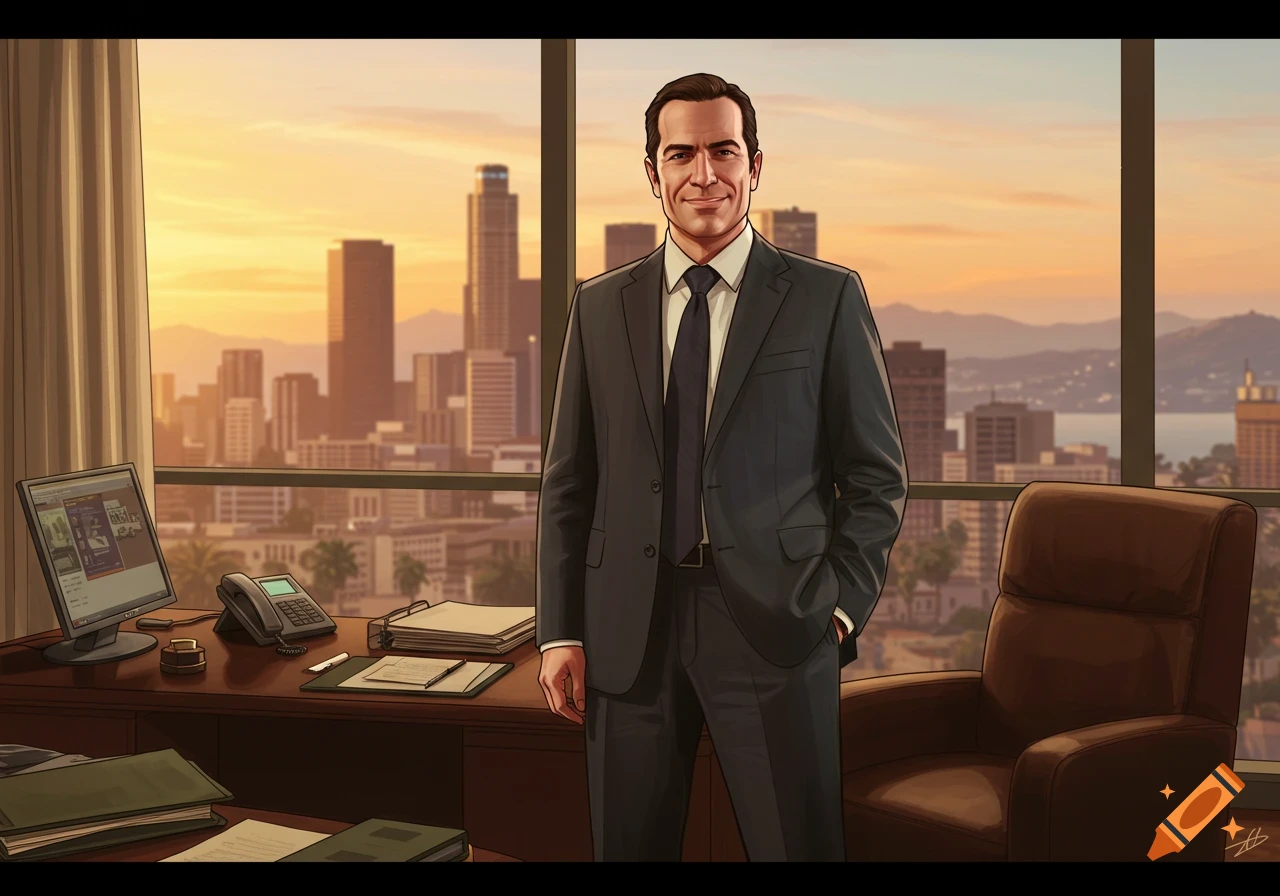 A cartoon man in a dark suit, Steve Haines, stands in an office with a city skyline at sunset in the background.