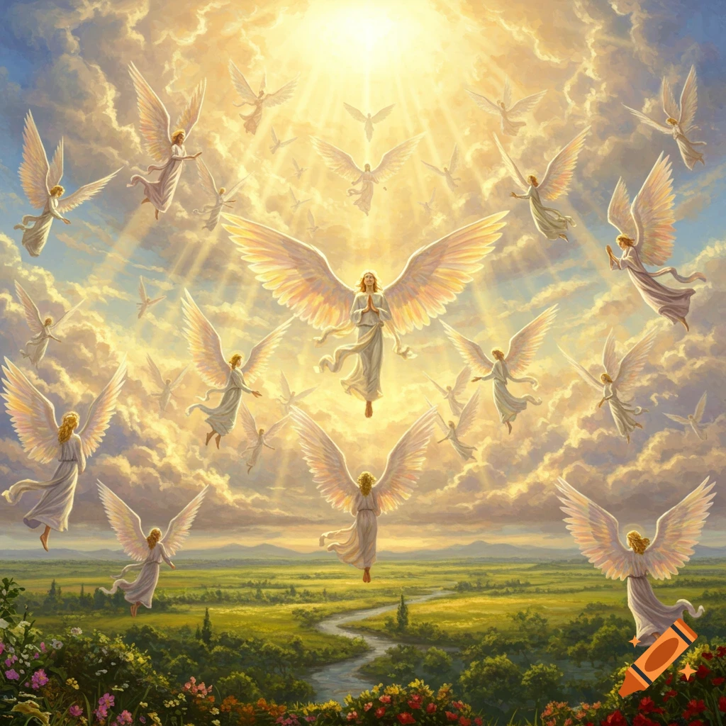 Numerous angels with large white wings fly in a bright, sunlit, cloudy sky above a lush green landscape with a winding river and flowers.