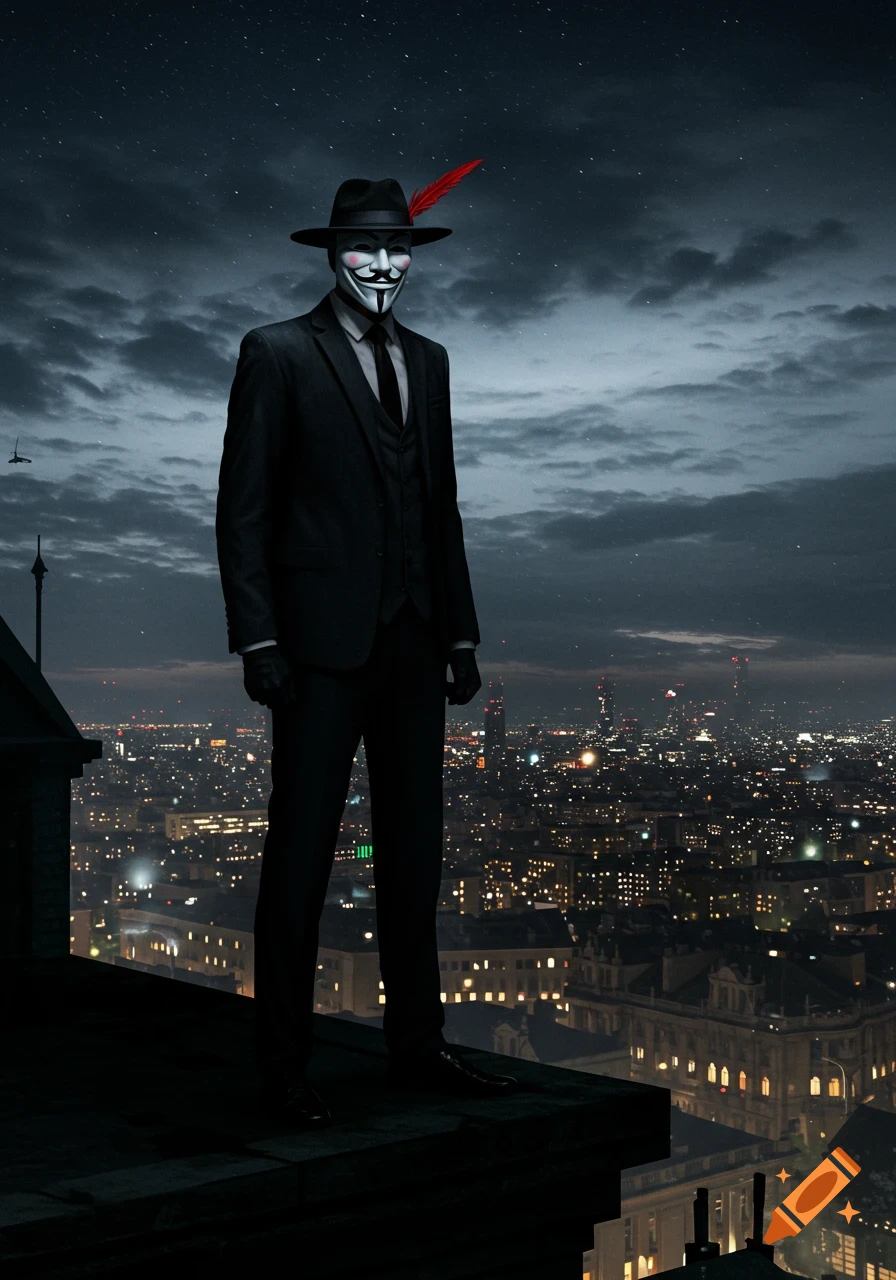 Photorealistic image of a man in a black suit, Guy Fawkes mask, and fedora with a red feather standing on a dark city rooftop at night.