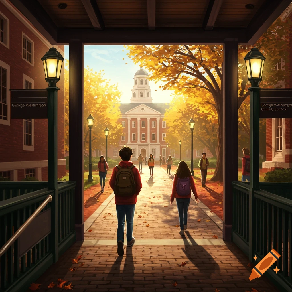 Students walk through a university campus adorned with autumn leaves, towards a grand building under a sunny sky.