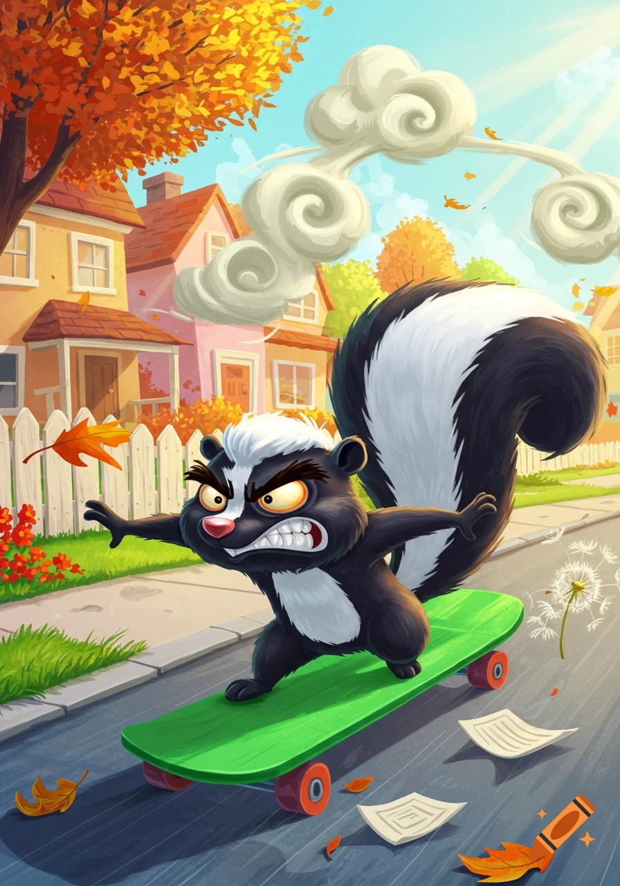 An angry cartoon skunk with big teeth skates on a green skateboard down a colorful neighborhood street filled with autumn leaves.
