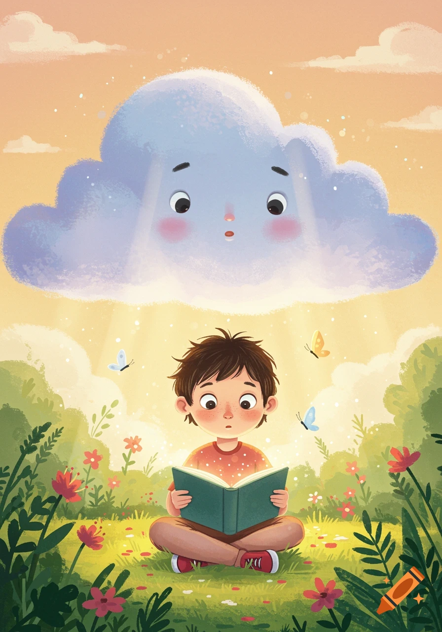 Cartoon illustration of a young child reading a glowing book in a grassy field with flowers, under a surprised cartoon cloud and butterflies.