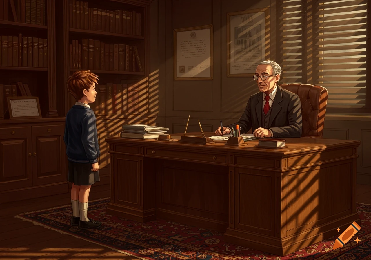 A boy stands before an older man seated at a large desk in a sunlit office with bookshelves.