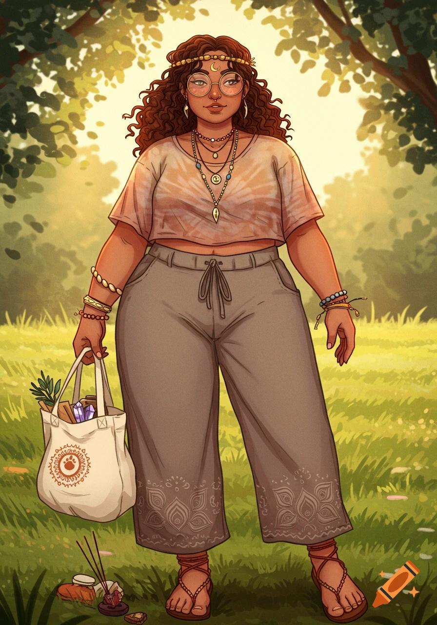 A stylized digital art illustration of a plus-size woman with curly hair, round glasses, and layered necklaces. She wears a tie-dye crop top, wide linen pants with embroidered patterns, and sandals, holding a tote bag with various items. The setting is a sunny, grassy outdoor environment with trees.